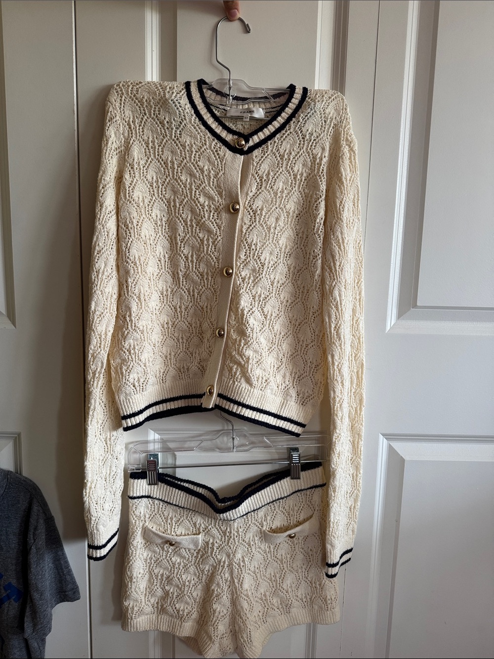 Frame Denim Cream Knit Short Set with Black Trim